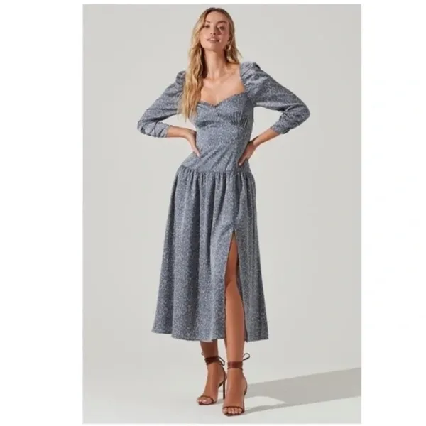 ASTR Puff Sleeve Sweetheart Neck Boho Satin Dress Blue Floral Size Small NWT - Image 2