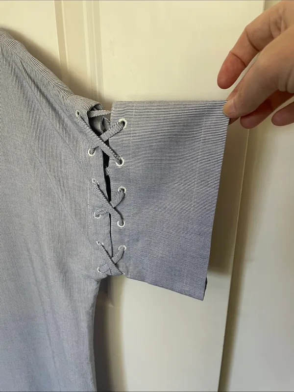Madewell Blue Pinstripe Lace Up Sleeve Shift Dress Medium - Image 5
