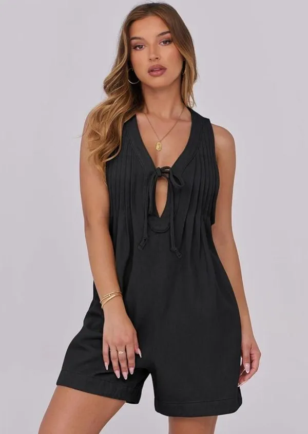 NEW Sleeveless Shorts Denim Romper Tie Front Jean Short Overall Pockets XS - Image 7
