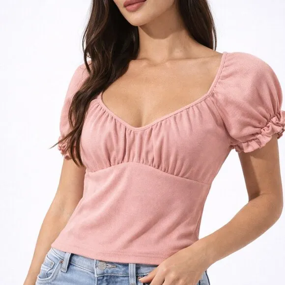 Altar’d State Dusty Pink Ribbed Puff Sleeve Top XS NWOT Coquette - Image 3