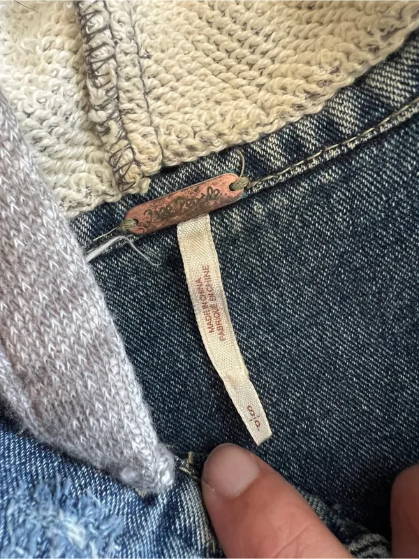 Free People | Distressed Knit Sleeve Denim Jacket S Grunge Hooded‎ Streetwear - Image 11