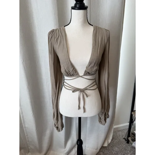 Princess Polly Cropped Top Womens 2 Beige knit Long Sleeve Boho Tie Waisted - Image 4