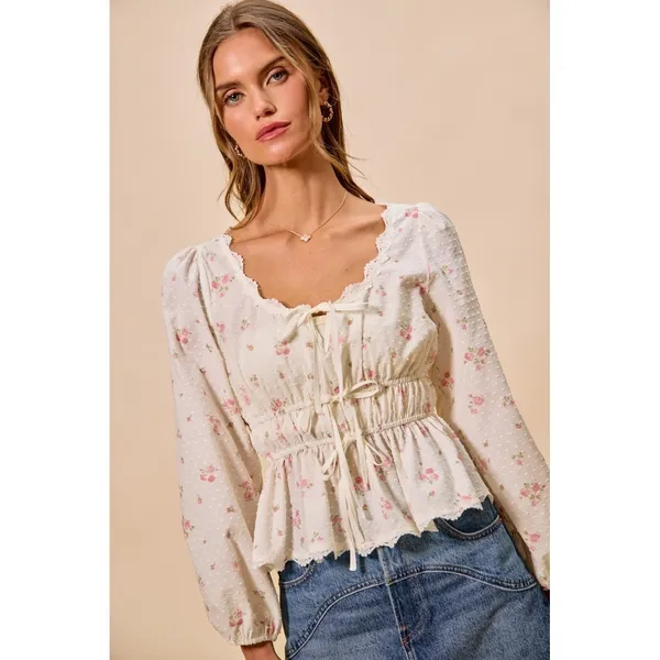 SO ME Floral Clip Dot Lace Trim Ruched Bodice Blouse - White - Medium - Image 6