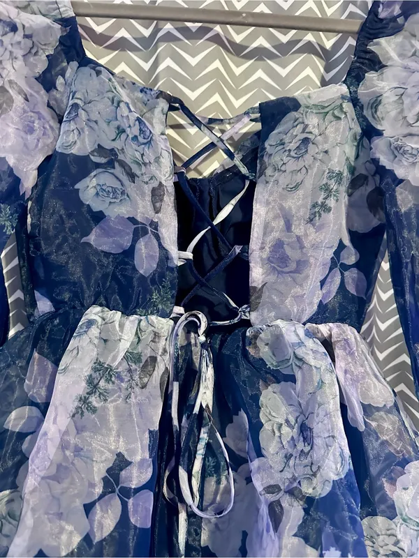 NWT Lulus | Positively Enchanting Blue Floral Organza Bustier Mini Dress, Small - Image 8