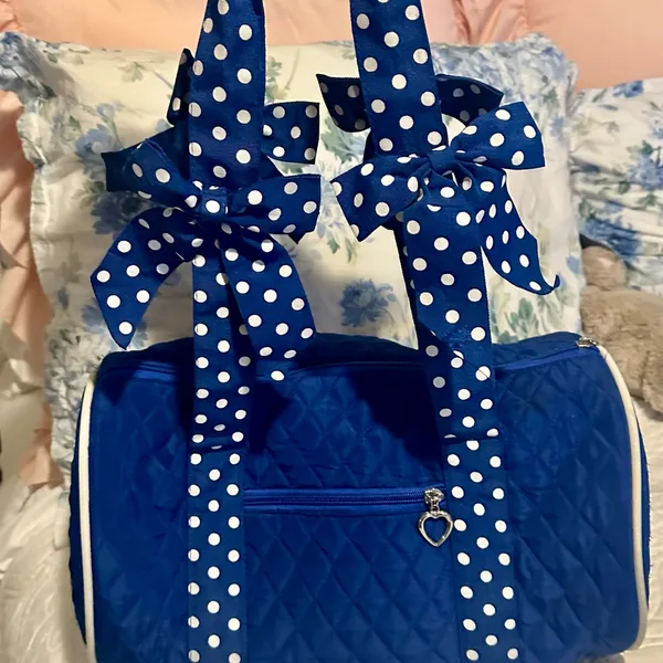 Blue Quilted Duffle Bag with Polka Dot Bows - Image 2