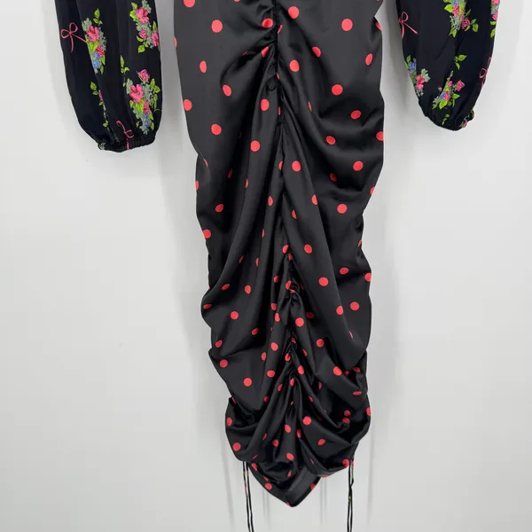 For Love‎ & Lemons Wilson Print Dress Small Black Floral Polka Dot Ruched Mini - Image 9