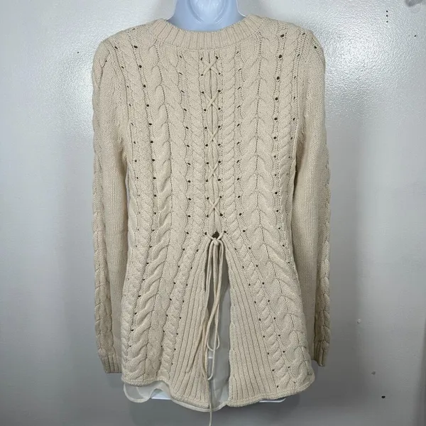 Cabi Womens Sweater‎ Small Cable Knit Corset Tie Back Style 3157 Ivory Cream - Image 7