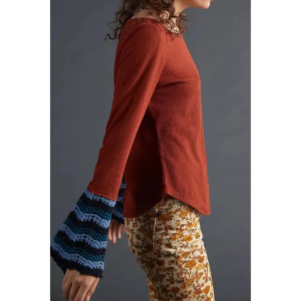 Anthropologie PILCRO Crochet Cuffed Thermal Top Cedar Pullover Stripes Small - Image 5