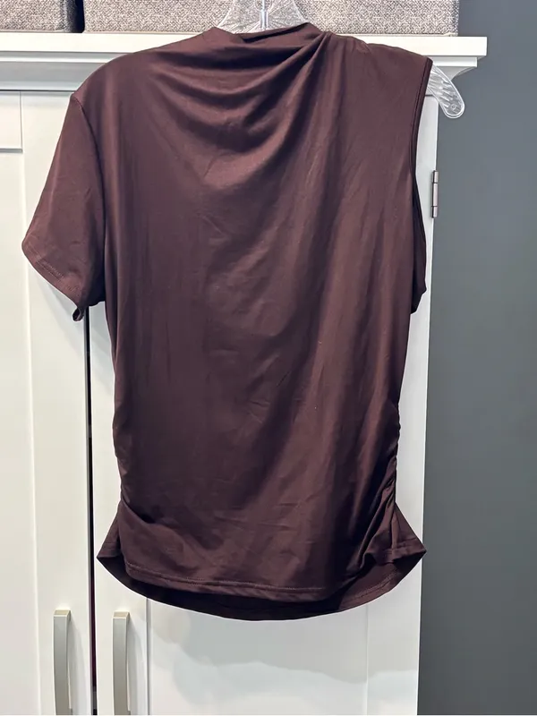 SHEIN Brown Asymmetrical Cold Shoulder Gold Ring Detail Top Plus OXL NWOT Chic - Image 2