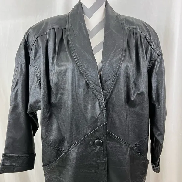 Jacqueline Ferrar Vintage 90s Black Leather Trench Coat Oversized Minimalist Long Coat - Size M - Image 4