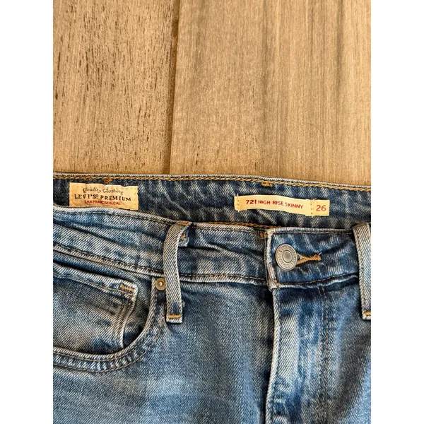 Levis 721 High Rise Skinny Jeans Blue Distressed Stretch Denim Womens Size 26 - Image 5