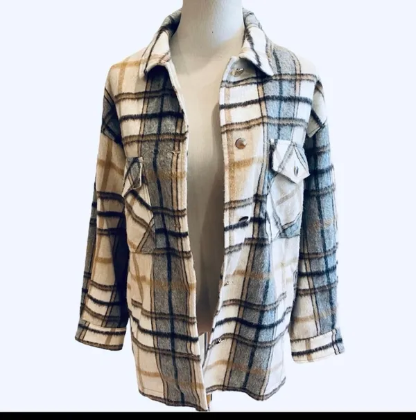 Zara Plaid Wool Flannel Oversized Jacket Shacket Shirt Tan Brown White M Cozy - Image 3