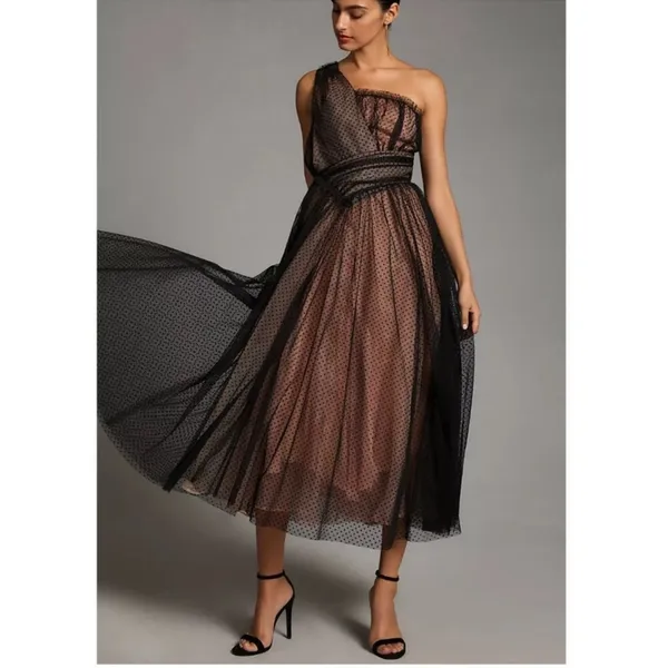 Anthropologie Black Tulle Dot One Shoulder Maxi Dress - Image 2
