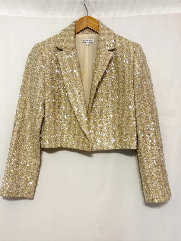 Gianni Bini Sadie Tweed Blazer Champagne Sequin Evening Wear size 4 - Image 2