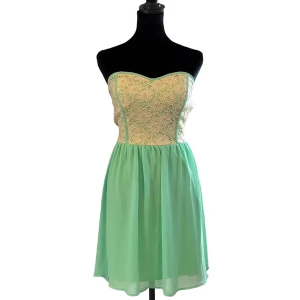 Buttons Mint Green & Ivory Lace Strapless Mini Dress Boho Sweetheart Skater Romantic M - Image 3