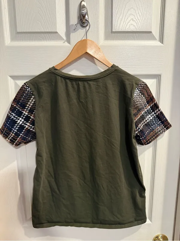 Zara Olive Green Tee with Brown & Navy Plaid Sleeves - Image 7
