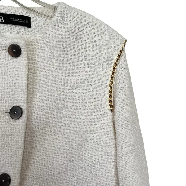 ZARA Pronounced Shoulder Textured Jacket Ecru Cream Wood Buttons Size XS Rare - Image 6