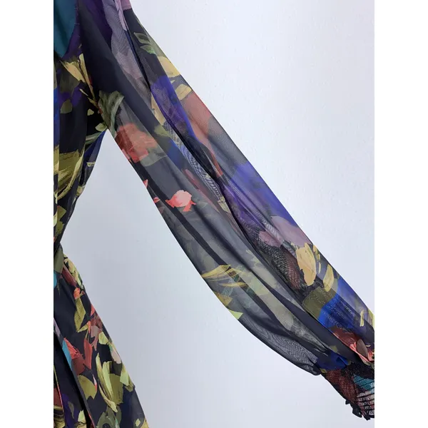 Alex Marie Floral Chiffon Smocked Mock Neck Sheer Sleeve Dress Navy 8 - Image 5