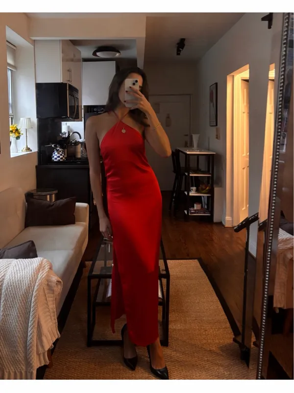 Zara Red Satin Halter Maxi Dress - Image 2