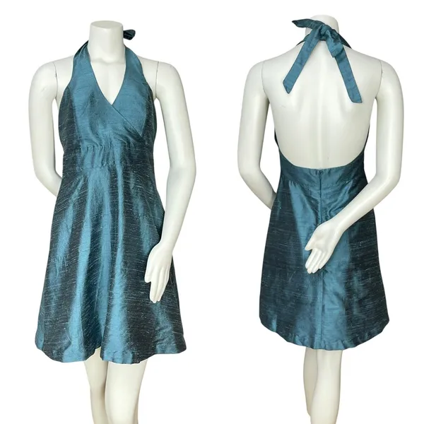 Lula‎ Kate Silk Dupioni Dress Teal Halter Neck Cocktail Size 8 Fit and Flare Zip - Image 2