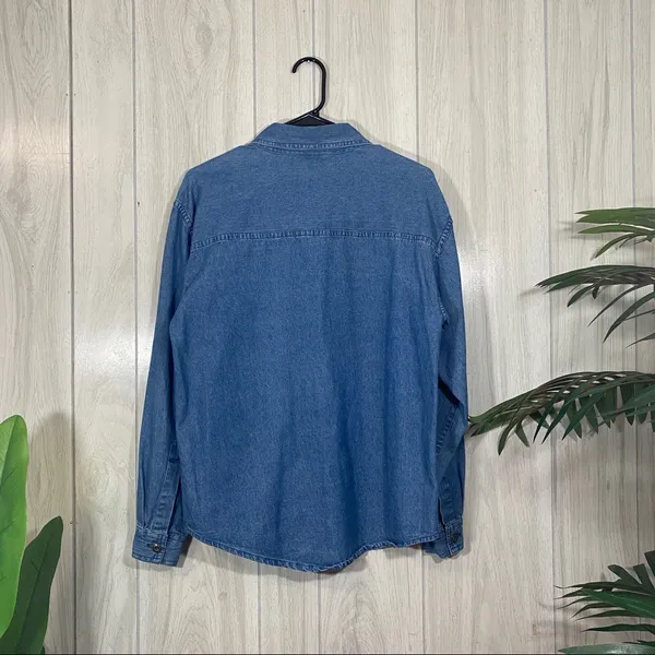 Mary Jane Lady Bug Beetle Embroidered Button Down Chambray Overshirt sz S Small - Image 2