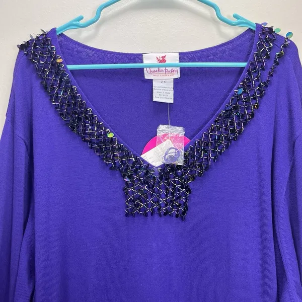 NWT‎ Quacker Factory Purple Beaded Sequins Long Sleeve Knit Top Size 2X - Image 3