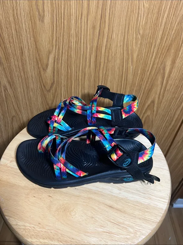Chacos Women's Black Sandals with Rainbow Tie-Dye Straps - Image 2