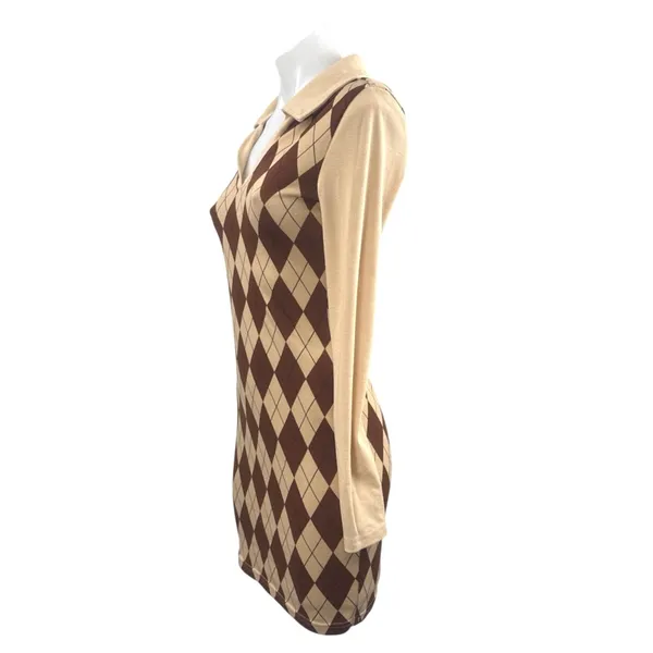 Women's Brown Argyle Collared V Neck Long sleeve Mini Bodycon Sweater Dress Sz S - Image 2