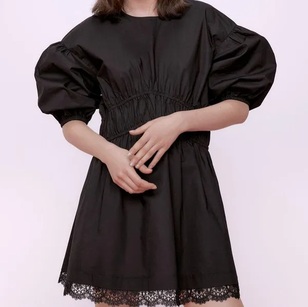 Zara Mini DRESS W/ MATCHING LACE TRIM BALOON SLEEVES Black Size XS NEW - Image 8