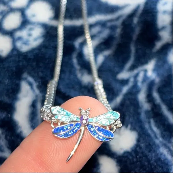 VTG Sterling Silver .925 Signed SU Rhinestone CZ Dragonfly Adjustable Bracelet - Image 3