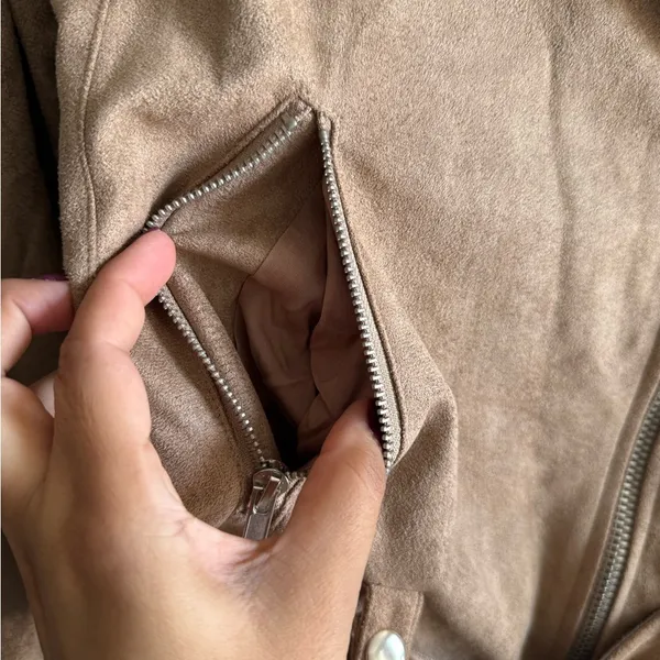 Olivaceous Faux Suede Moto Jacket Beige Size M - Image 6