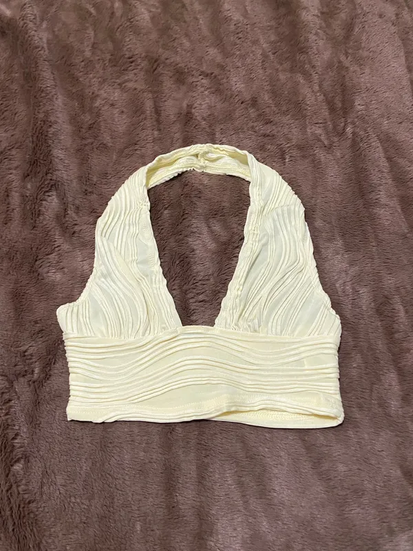 SHEIN ICON Solid Backless Halter Top Pastel Yellow Size XS - Image 2