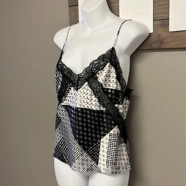 Victoria’s Secret Lace And Blk/Wht/Silver Patchwork Pattern Adjustable Cami- Med - Image 2