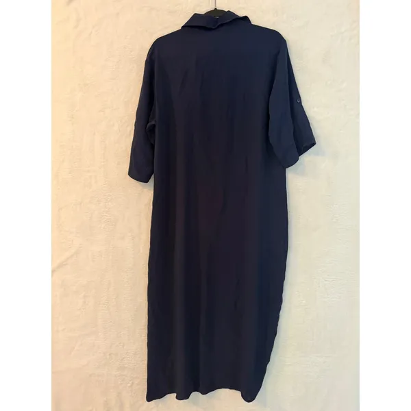 BMJL Womens Navy Blue Midi Shirt Dress V-Neck Roll Tab Sleeve Pockets‎ Large NWT - Image 5