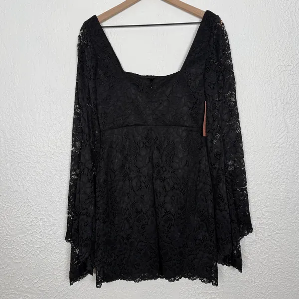 BHLDN Belle Long Sleeve Square Neck Lace Mini Dress Black Medium NWT - Image 5