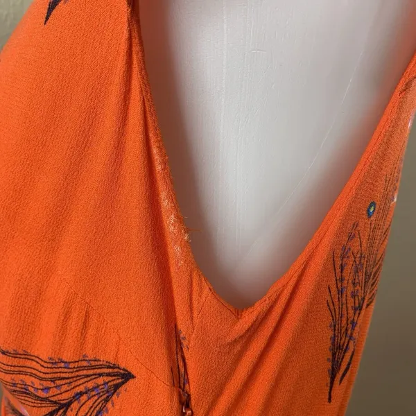 Free People Dress Sz 6 V Neck Orange Red Botanical Long Flutter Cap Sleeve Boho - Image 9