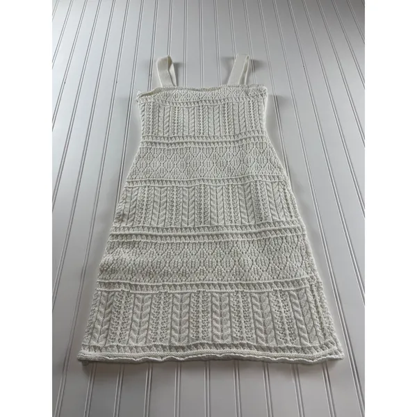Taylor Boho-Chic Crochet Bodycon Tank Dress White Knit Mini Square Neck Small - Image 2