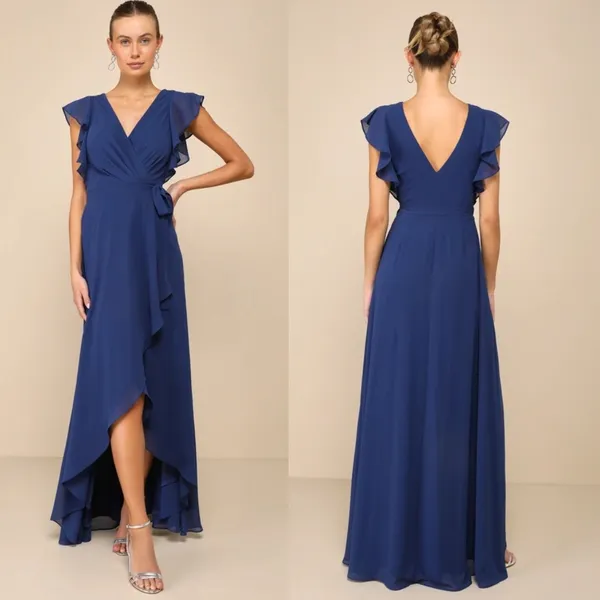 NWT Lulus Ravishing Charm Dark Blue Ruffled Wrap High-Low Maxi Dress Wedding M - Image 2
