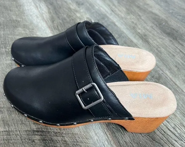 Mia Milpu Swedish Wood and Vegan Leather Clogs Size 10 Mules Black Shoes NWOT - Image 4
