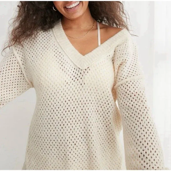Aerie Cream Off-the-Shoulder Sweater with Loose Knit Women’s XXL Lounge Oversize - Image 2