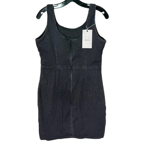 NWT ELLEVEN Black Denim Mini Dress‎ Sleeveless Bodycon Slit Medium - Image 7