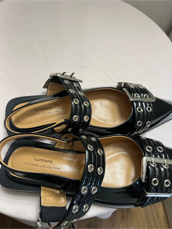 Black Patent Pointed Slingback Mules with Buckle Straps - Image 3