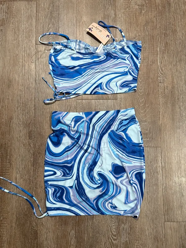 Blue Marble Ruched Crop Top & Mini Skirt Set - Image 2