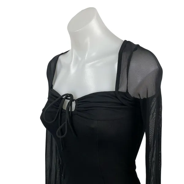 Princess Polly Women's Black Sheer Mesh Long Sleeve Tie Neck Crop Blouse Top 2 - Image 2