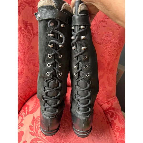UGG Black Tall Leather and Fabric Lace-Up Boots with Wool Lining - Image 3
