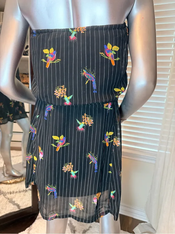 O'Neill Medium Strapless Tropical Bird Print Dress Black Pinstripe Boho Summer - Image 7