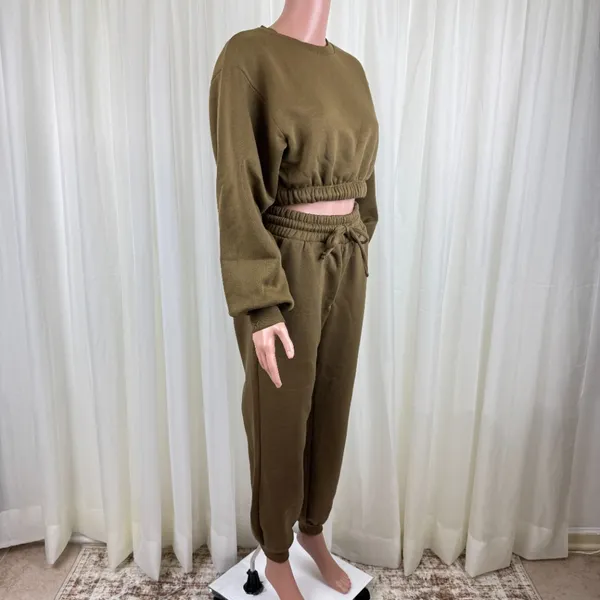 Zenana 2 Piece Crop Top Tracksuit Jogger Pants Set Outfit Workout Small Olive Green - Image 6