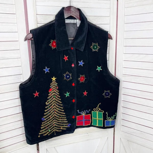 Vintage 90s DressBarn Velvet Embroidered‎ Christmas Button Up Vest Top Black XL - Image 7