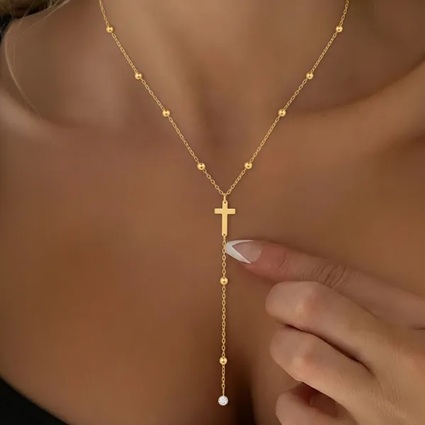 Unisex cross pendant Necklace with beaded chain 304 stainless steel - Image 2