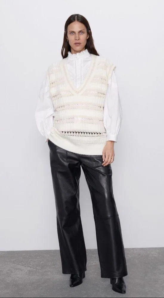 NWT ZARA COMBINATION POINTELLE VEST Sweater Top Super Oversize M Ivory - Image 2